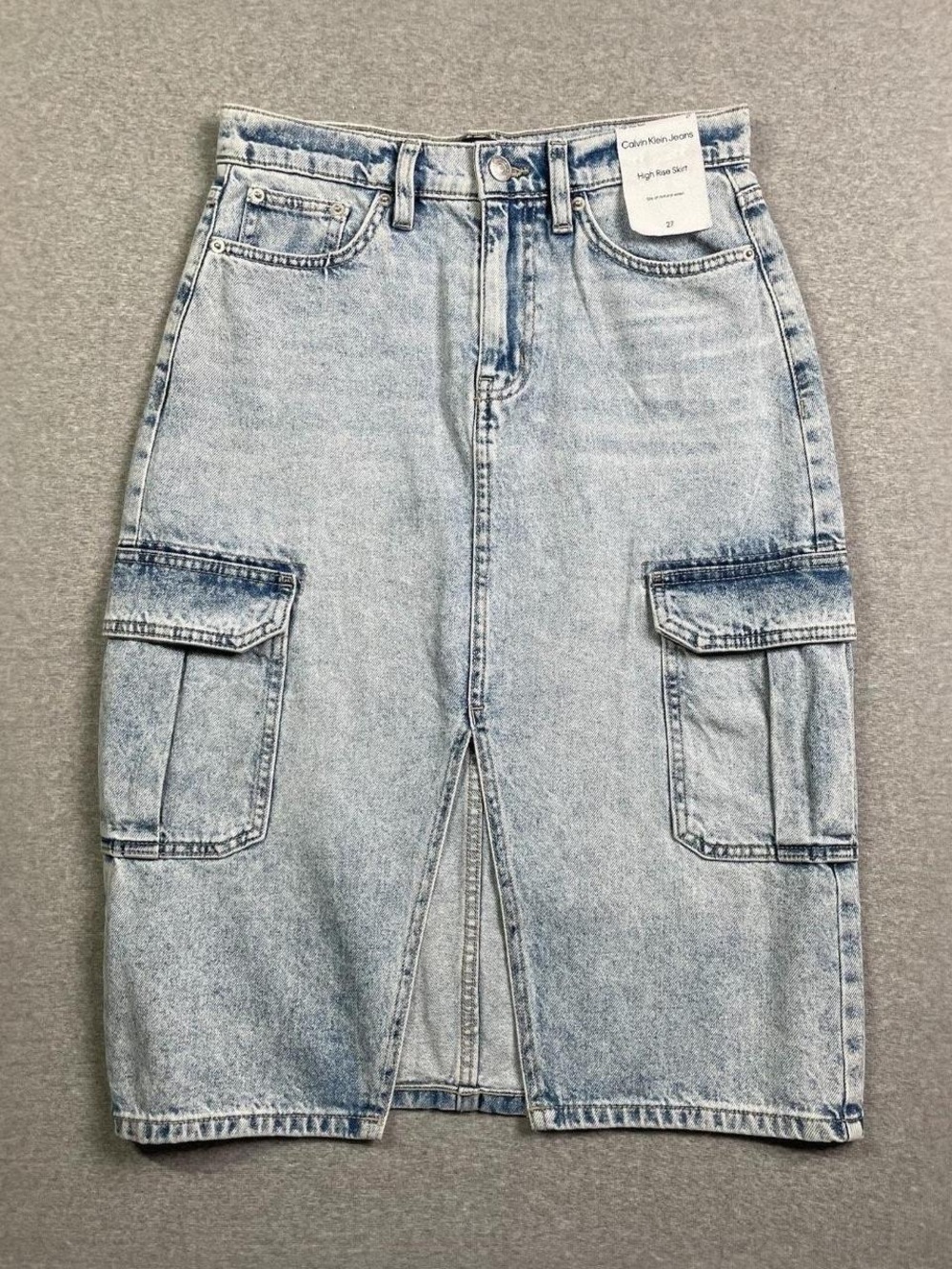 Calvin Klein Jeans Light Blue Denim Cargo Midi Skirt with Front Vent